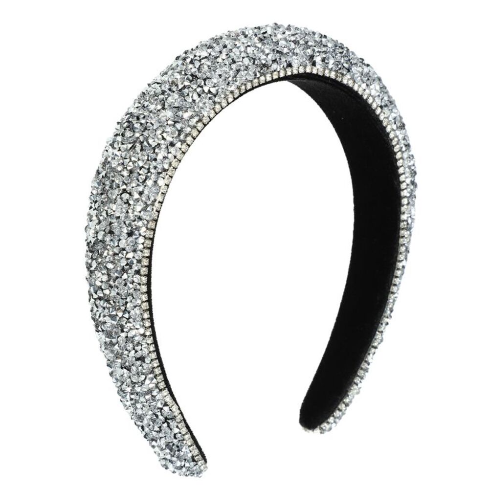 Rhinestone Beaded Jeweled Sparkle Thick Padded Headband Silver Tone